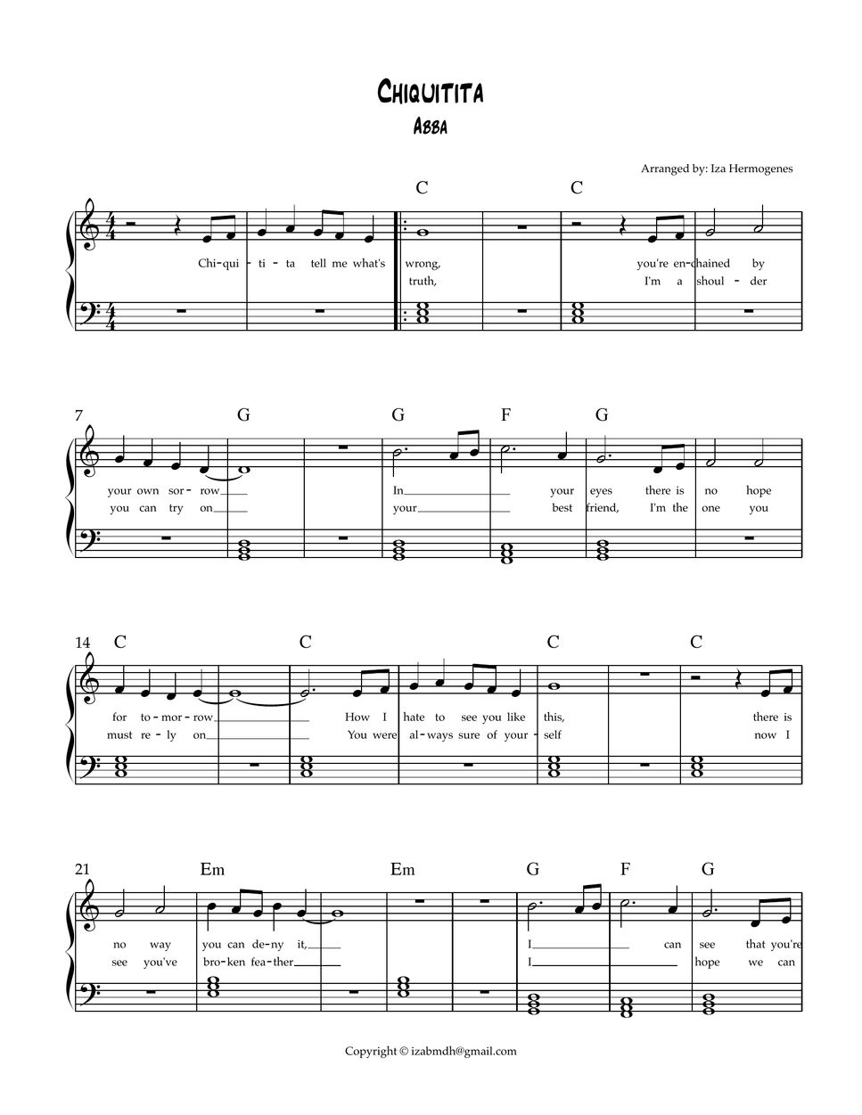 abba chiquitita piano sheet music