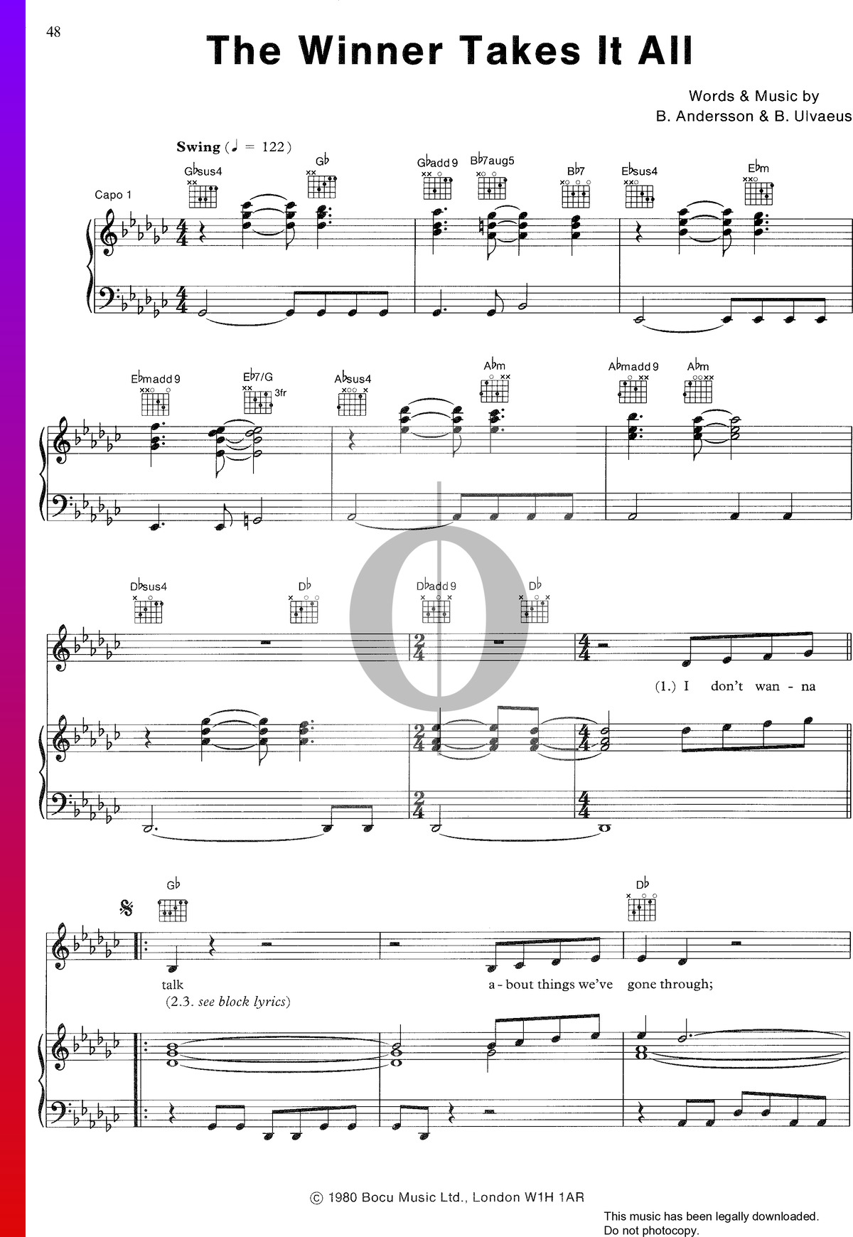 the winner takes it all piano sheet music