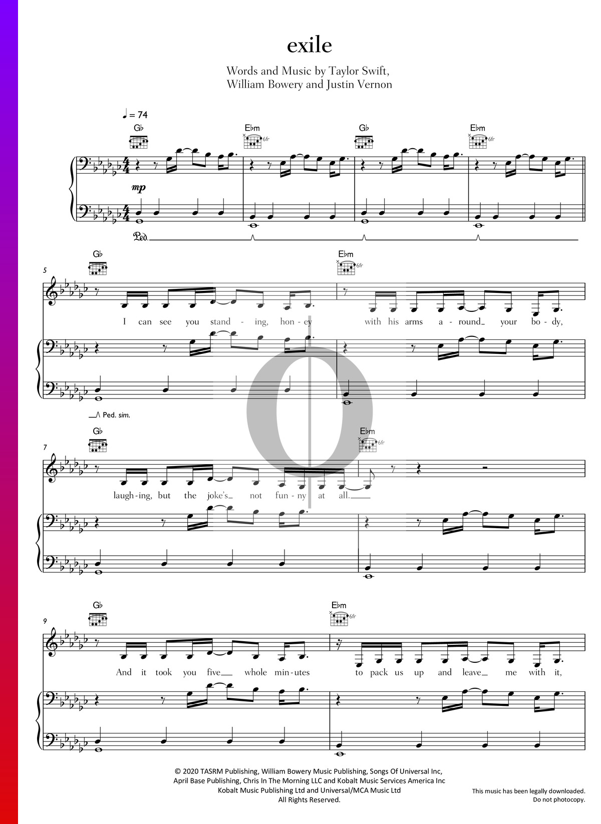 exile piano sheet music