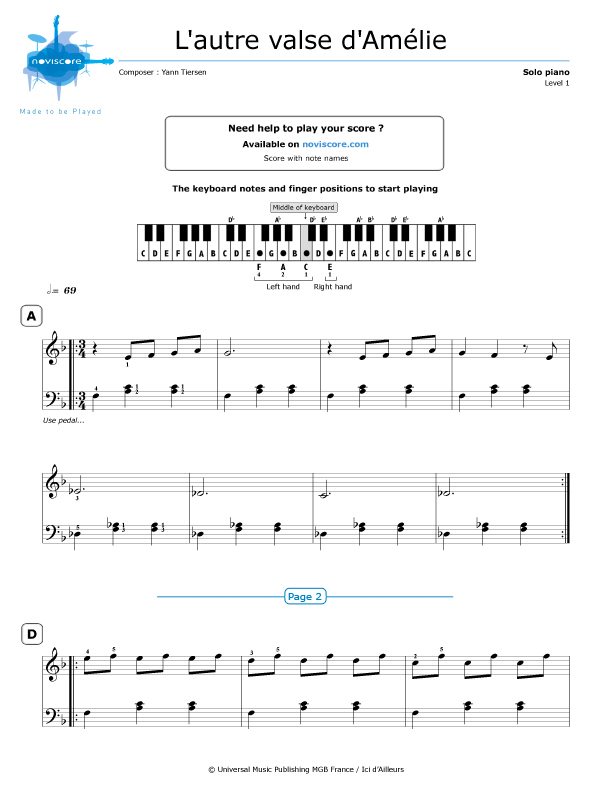 amelie piano sheet music
