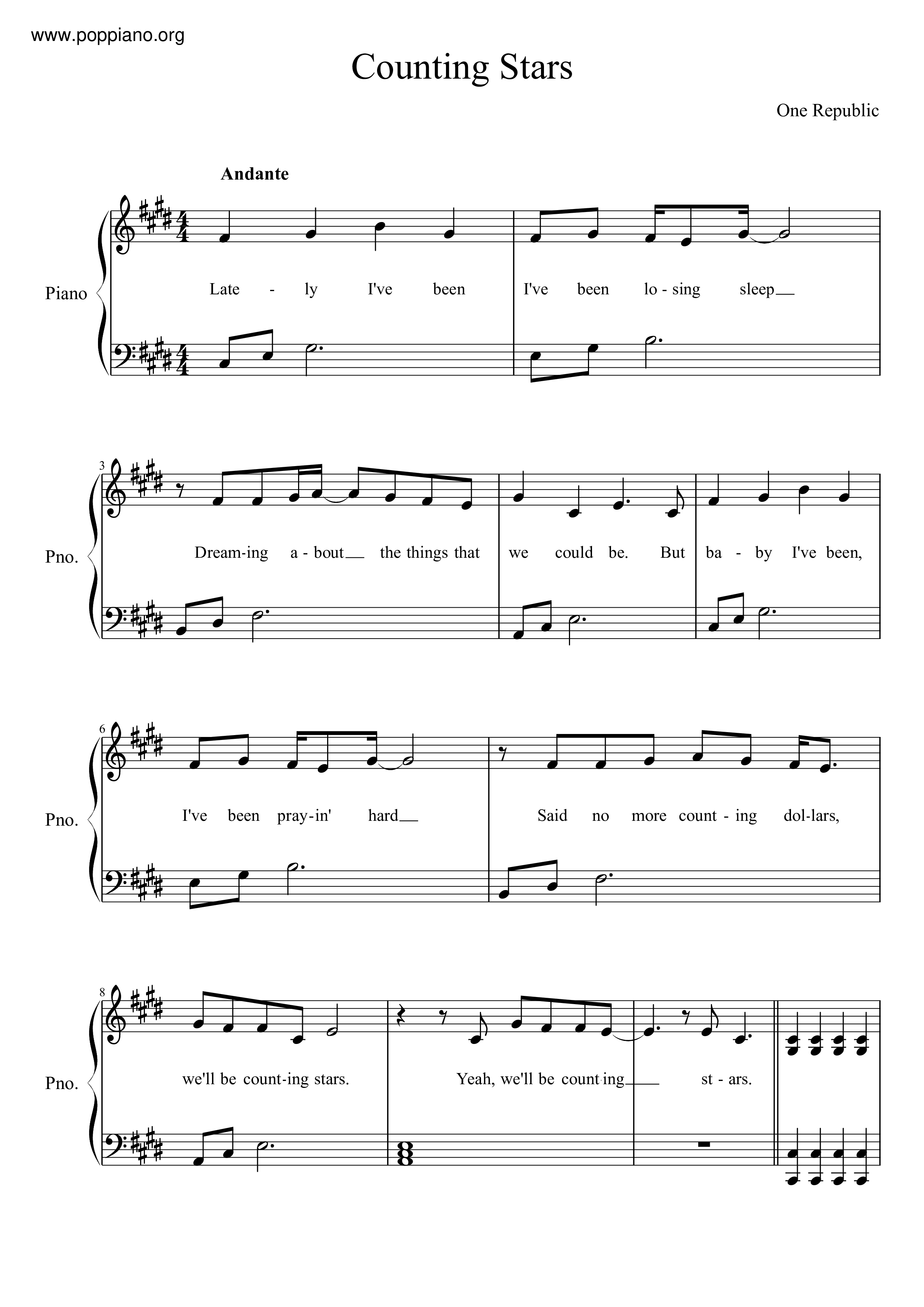 counting stars piano sheet music