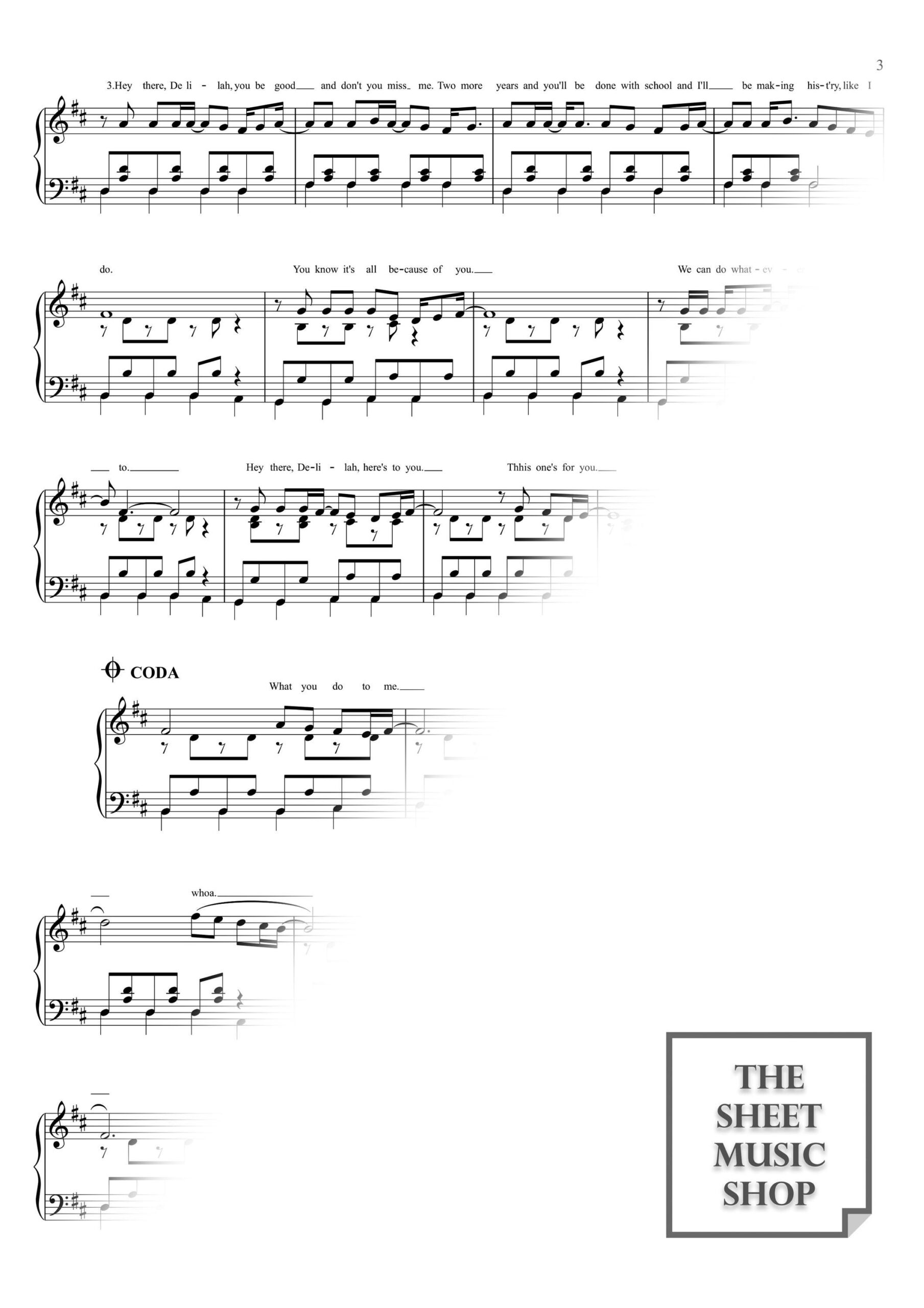 hey there delilah piano sheet music