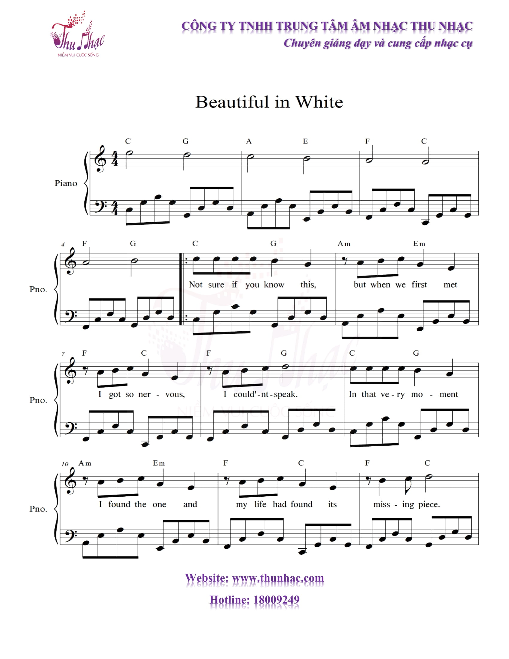 beautiful in white piano sheet