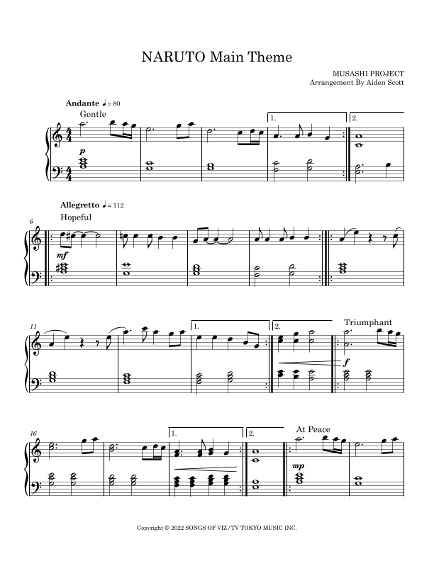 naruto piano sheet music