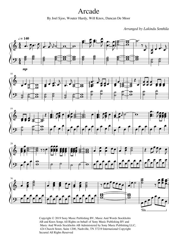 arcade piano sheet music