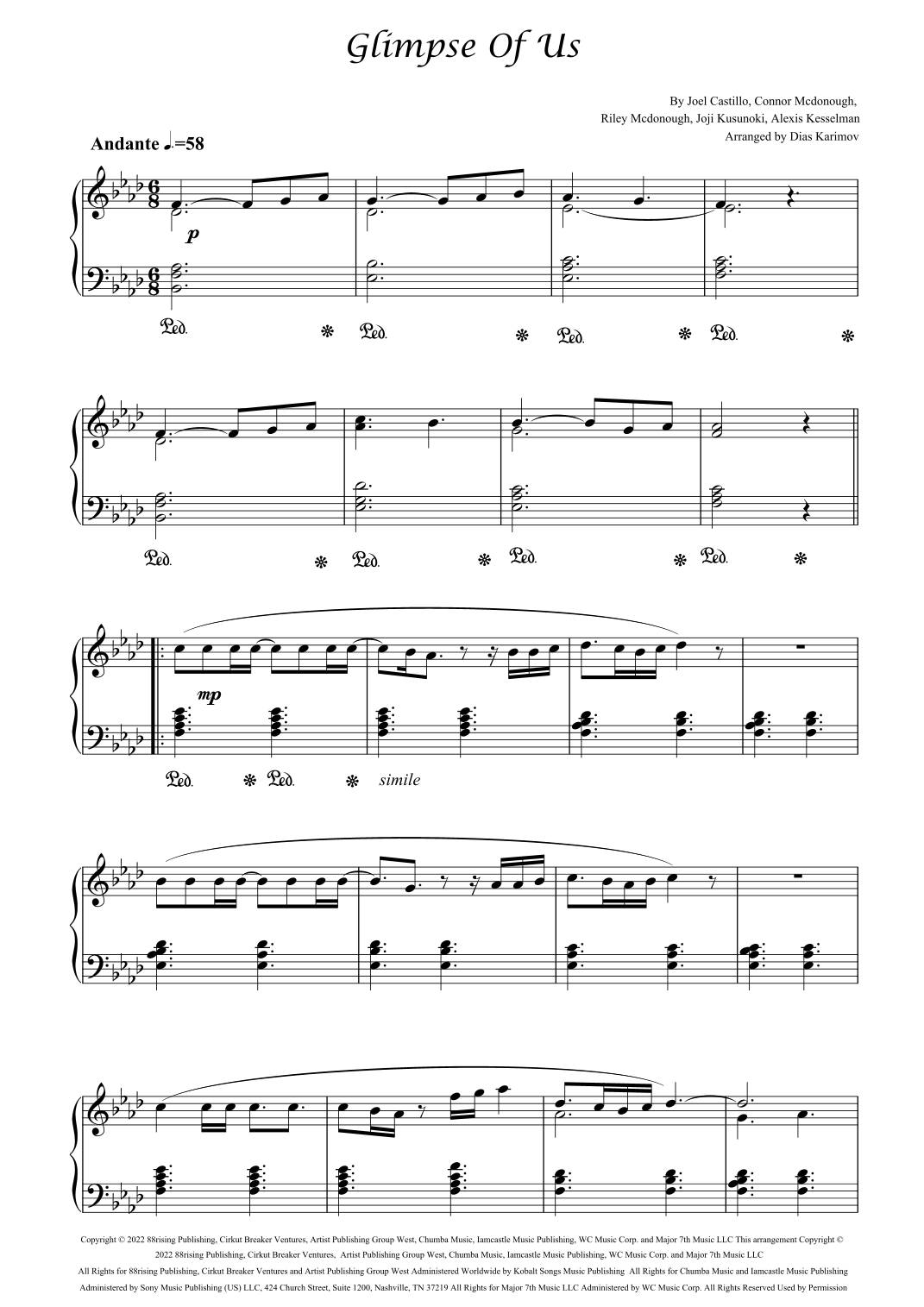 glimpse of us piano sheet