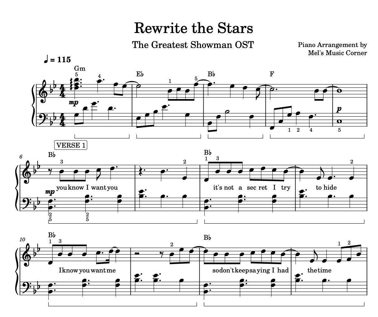 rewrite the stars piano sheet